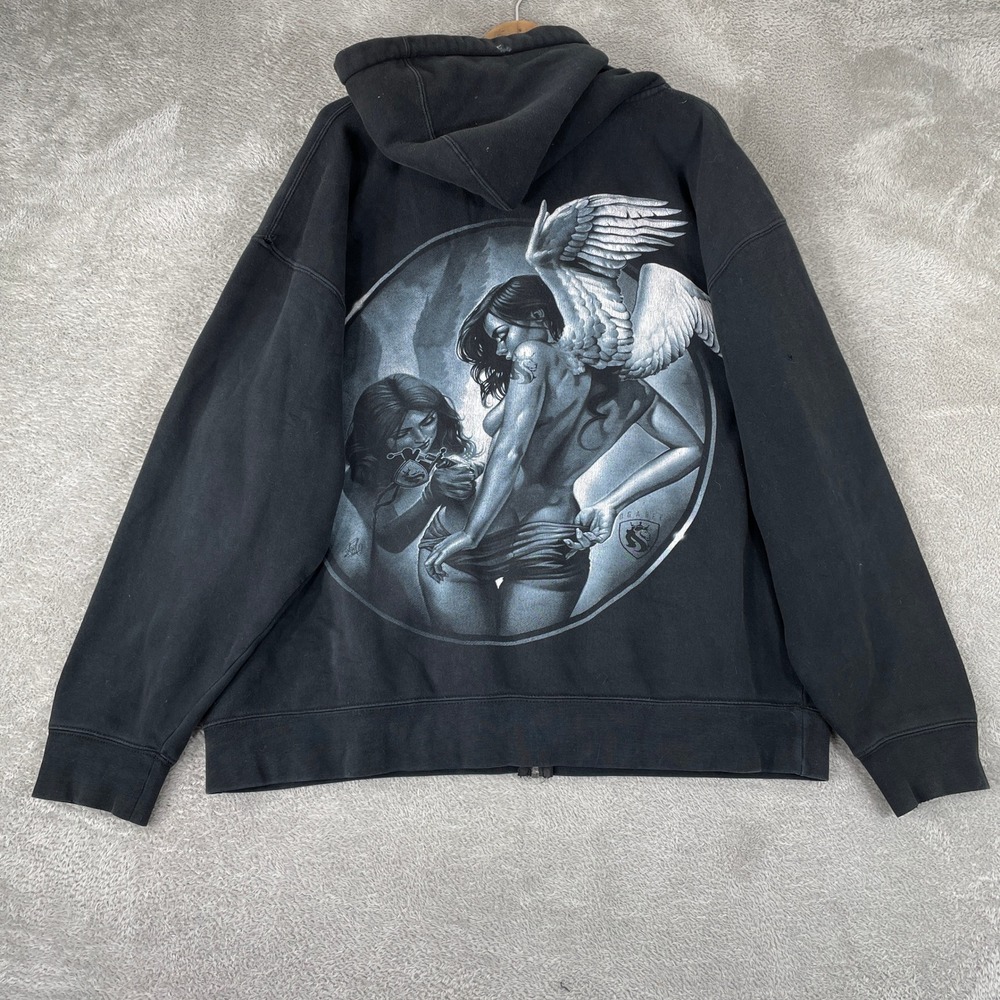 DGA Angel Tattoo Hoodie Mens XL Black Y2K Gothic Streetwear Grunge Zip Up